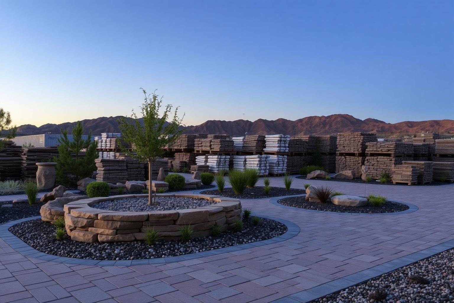 Luke Landscape Contractors material yard in Minden, Nevada with stacked pavers and aggregates
