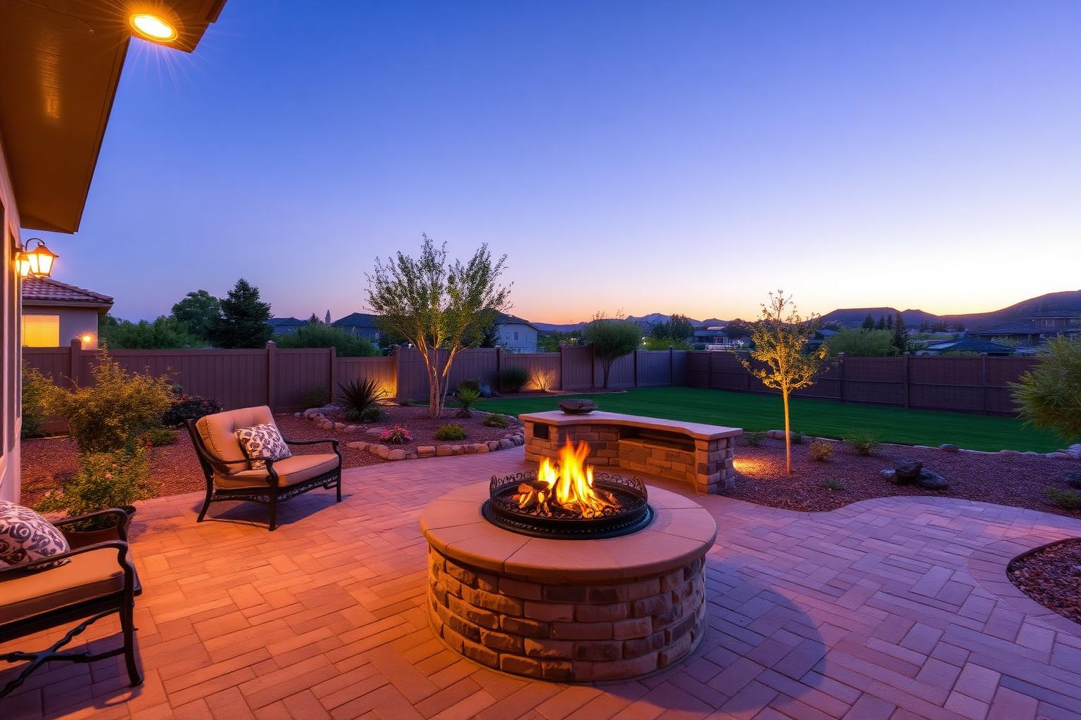 Backyard after Luke Landscape Contractors installed pavers, a fire pit and landscape lighting