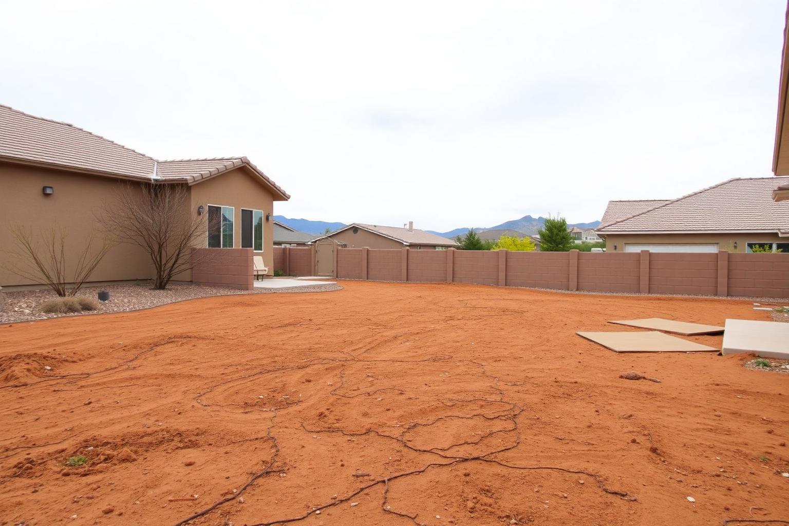 Bare dirt backyard before landscaping